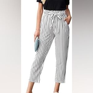 Grace Karin White Straight-Leg Pants with Black Stripes